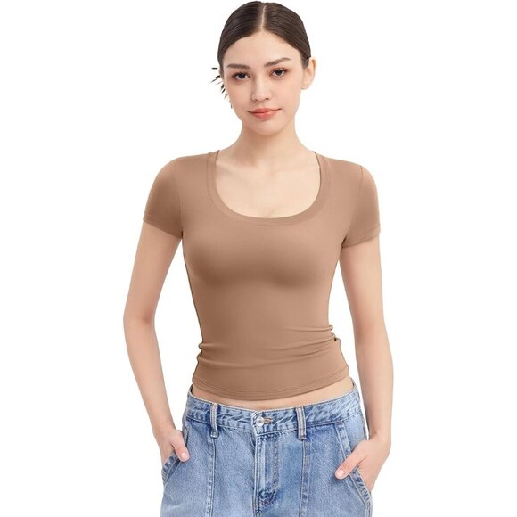 Tops - Women Short Sleeve Scoop Neck Crop Top Summer Slim Fit Tee Basic Casual